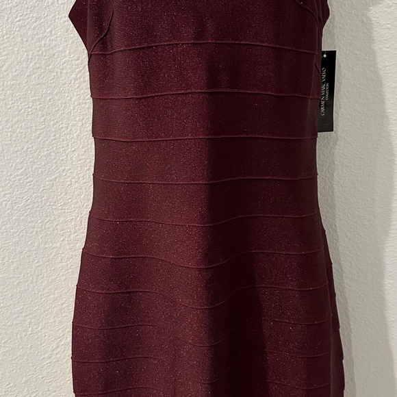 NEW Carmen Marc Valvo | Metallic Beaded Jewels BANDAGE Dress | Burgundy | Neiman - Picture 2 of 15